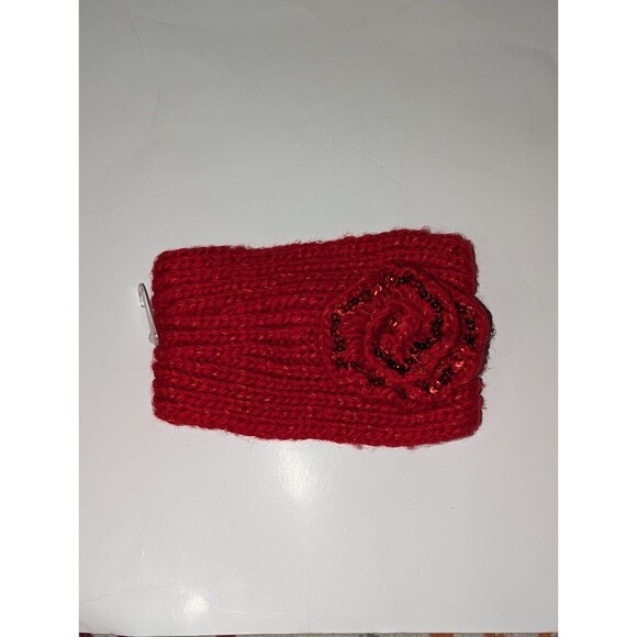 Claire's Red knit Headband ear cover with sequins and flower - Picture 1 of 4
